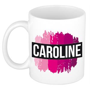 Bellatio Caroline naam cadeau mok / beker met roze verfstrepen - Cadeau collega/ moederdag/ verjaardag of als persoonlijke mok werknemers