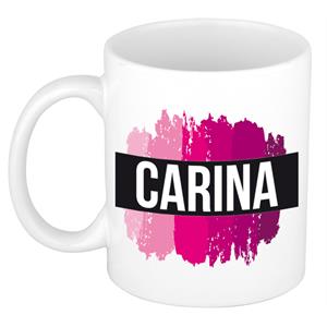 Bellatio Carina naam cadeau mok / beker met roze verfstrepen - Cadeau collega/ moederdag/ verjaardag of als persoonlijke mok werknemers