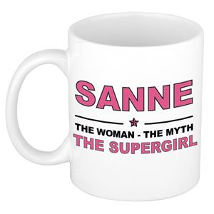 Bellatio Naam cadeau Sanne - The woman, The myth the supergirl koffie mok / beker 300 ml - naam/namen mokken - Cadeau voor o.a verjaardag/ moederdag/ pensioen/ geslaagd/ bedankt