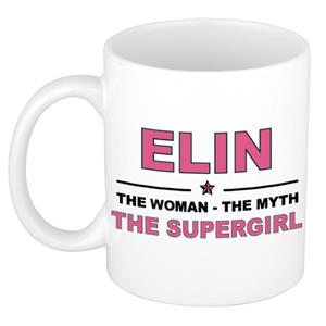 Bellatio Naam cadeau Elin - The woman, The myth the supergirl koffie mok / beker 300 ml - naam/namen mokken - Cadeau voor o.a verjaardag/ moederdag/ pensioen/ geslaagd/ bedankt