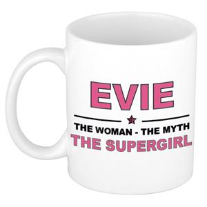 Bellatio Naam cadeau Evie - The woman, The myth the supergirl koffie mok / beker 300 ml - naam/namen mokken - Cadeau voor o.a verjaardag/ moederdag/ pensioen/ geslaagd/ bedankt