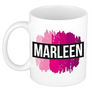 Bellatio Marleen naam cadeau mok / beker met roze verfstrepen - Cadeau collega/ moederdag/ verjaardag of als persoonlijke mok werknemers