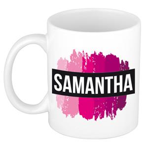 Bellatio Samantha naam cadeau mok / beker met roze verfstrepen - Cadeau collega/ moederdag/ verjaardag of als persoonlijke mok werknemers