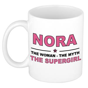 Bellatio Naam cadeau Nora - The woman, The myth the supergirl koffie mok / beker 300 ml - naam/namen mokken - Cadeau voor o.a verjaardag/ moederdag/ pensioen/ geslaagd/ bedankt