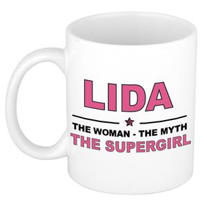 Bellatio Naam cadeau Lida - The woman, The myth the supergirl koffie mok / beker 300 ml - naam/namen mokken - Cadeau voor o.a verjaardag/ moederdag/ pensioen/ geslaagd/ bedankt