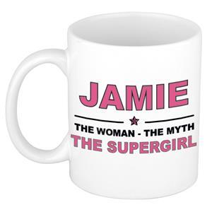 Bellatio Naam cadeau Jamie - The woman, The myth the supergirl koffie mok / beker 300 ml - naam/namen mokken - Cadeau voor o.a verjaardag/ moederdag/ pensioen/ geslaagd/ bedankt