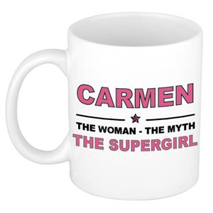 Bellatio Naam cadeau Carmen - The woman, The myth the supergirl koffie mok / beker 300 ml - naam/namen mokken - Cadeau voor o.a verjaardag/ moederdag/ pensioen/ geslaagd/ bedankt