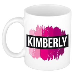 Bellatio Kimberly naam cadeau mok / beker met roze verfstrepen - Cadeau collega/ moederdag/ verjaardag of als persoonlijke mok werknemers