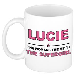 Bellatio Naam cadeau Lucie - The woman, The myth the supergirl koffie mok / beker 300 ml - naam/namen mokken - Cadeau voor o.a verjaardag/ moederdag/ pensioen/ geslaagd/ bedankt