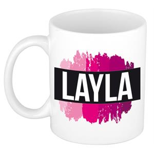 Bellatio Layla naam cadeau mok / beker met roze verfstrepen - Cadeau collega/ moederdag/ verjaardag of als persoonlijke mok werknemers