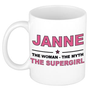 Bellatio Naam cadeau Janne - The woman, The myth the supergirl koffie mok / beker 300 ml - naam/namen mokken - Cadeau voor o.a verjaardag/ moederdag/ pensioen/ geslaagd/ bedankt