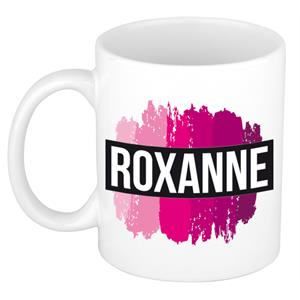 Bellatio Roxanne naam cadeau mok / beker met roze verfstrepen - Cadeau collega/ moederdag/ verjaardag of als persoonlijke mok werknemers