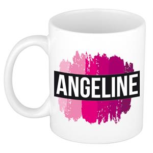 Bellatio Angeline naam cadeau mok / beker met roze verfstrepen - Cadeau collega/ moederdag/ verjaardag of als persoonlijke mok werknemers