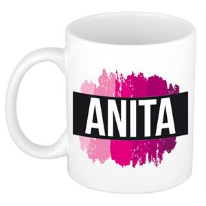 Bellatio Anita naam cadeau mok / beker met roze verfstrepen - Cadeau collega/ moederdag/ verjaardag of als persoonlijke mok werknemers