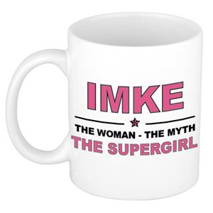 Bellatio Naam cadeau Imke - The woman, The myth the supergirl koffie mok / beker 300 ml - naam/namen mokken - Cadeau voor o.a verjaardag/ moederdag/ pensioen/ geslaagd/ bedankt