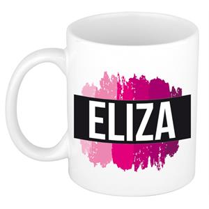 Bellatio Eliza naam cadeau mok / beker met roze verfstrepen - Cadeau collega/ moederdag/ verjaardag of als persoonlijke mok werknemers