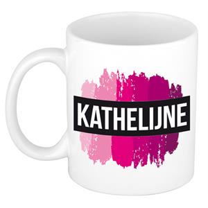 Bellatio Kathelijne naam cadeau mok / beker met roze verfstrepen - Cadeau collega/ moederdag/ verjaardag of als persoonlijke mok werknemers
