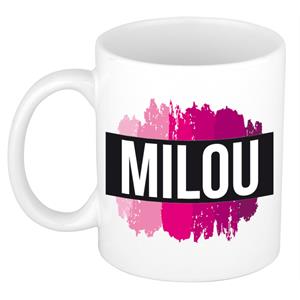 Bellatio Milou naam cadeau mok / beker met roze verfstrepen - Cadeau collega/ moederdag/ verjaardag of als persoonlijke mok werknemers