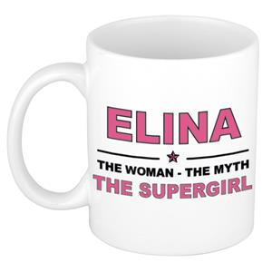 Bellatio Naam cadeau Elina - The woman, The myth the supergirl koffie mok / beker 300 ml - naam/namen mokken - Cadeau voor o.a verjaardag/ moederdag/ pensioen/ geslaagd/ bedankt