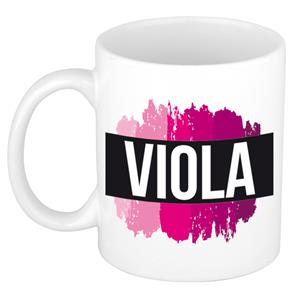 Bellatio Viola naam cadeau mok / beker met roze verfstrepen - Cadeau collega/ moederdag/ verjaardag of als persoonlijke mok werknemers