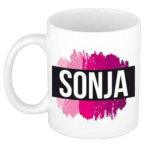 Bellatio Sonja naam cadeau mok / beker met roze verfstrepen - Cadeau collega/ moederdag/ verjaardag of als persoonlijke mok werknemers