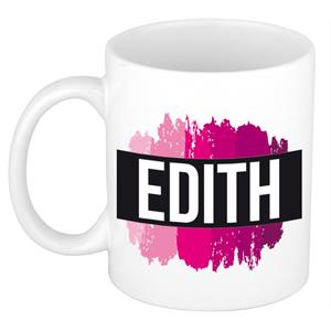 Bellatio Edith naam cadeau mok / beker met roze verfstrepen - Cadeau collega/ moederdag/ verjaardag of als persoonlijke mok werknemers