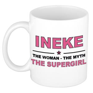 Bellatio Naam cadeau Ineke - The woman, The myth the supergirl koffie mok / beker 300 ml - naam/namen mokken - Cadeau voor o.a verjaardag/ moederdag/ pensioen/ geslaagd/ bedankt