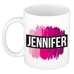 Bellatio Jennifer naam cadeau mok / beker met roze verfstrepen - Cadeau collega/ moederdag/ verjaardag of als persoonlijke mok werknemers