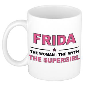 Bellatio Naam cadeau Frida - The woman, The myth the supergirl koffie mok / beker 300 ml - naam/namen mokken - Cadeau voor o.a verjaardag/ moederdag/ pensioen/ geslaagd/ bedankt