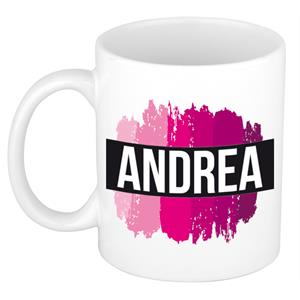 Bellatio Andrea naam cadeau mok / beker met roze verfstrepen - Cadeau collega/ moederdag/ verjaardag of als persoonlijke mok werknemers