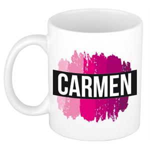 Bellatio Carmen naam cadeau mok / beker met roze verfstrepen - Cadeau collega/ moederdag/ verjaardag of als persoonlijke mok werknemers