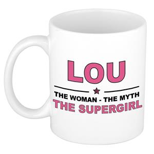 Bellatio Naam cadeau Lou - The woman, The myth the supergirl koffie mok / beker 300 ml - naam/namen mokken - Cadeau voor o.a verjaardag/ moederdag/ pensioen/ geslaagd/ bedankt