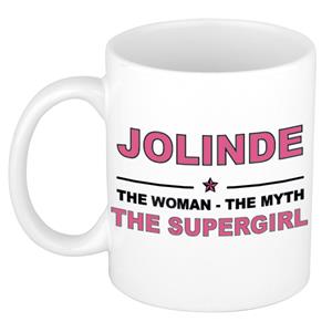 Bellatio Naam cadeau Jolinde - The woman, The myth the supergirl koffie mok / beker 300 ml - naam/namen mokken - Cadeau voor o.a verjaardag/ moederdag/ pensioen/ geslaagd/ bedankt