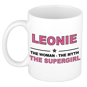 Bellatio Naam cadeau Leonie - The woman, The myth the supergirl koffie mok / beker 300 ml - naam/namen mokken - Cadeau voor o.a verjaardag/ moederdag/ pensioen/ geslaagd/ bedankt