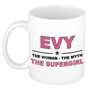 Bellatio Naam cadeau Evy - The woman, The myth the supergirl koffie mok / beker 300 ml - naam/namen mokken - Cadeau voor o.a verjaardag/ moederdag/ pensioen/ geslaagd/ bedankt