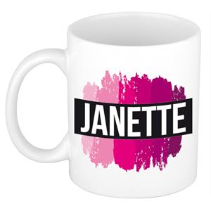 Bellatio Janette naam cadeau mok / beker met roze verfstrepen - Cadeau collega/ moederdag/ verjaardag of als persoonlijke mok werknemers