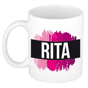 Bellatio Rita naam cadeau mok / beker met roze verfstrepen - Cadeau collega/ moederdag/ verjaardag of als persoonlijke mok werknemers