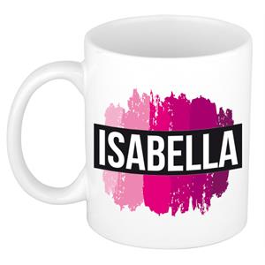 Bellatio Isabella naam cadeau mok / beker met roze verfstrepen - Cadeau collega/ moederdag/ verjaardag of als persoonlijke mok werknemers