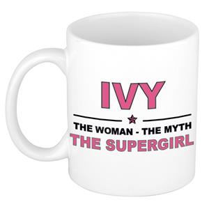 Bellatio Naam cadeau Ivy - The woman, The myth the supergirl koffie mok / beker 300 ml - naam/namen mokken - Cadeau voor o.a verjaardag/ moederdag/ pensioen/ geslaagd/ bedankt