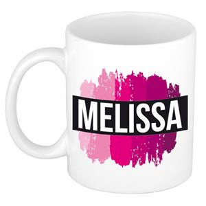 Bellatio Melissa naam cadeau mok / beker met roze verfstrepen - Cadeau collega/ moederdag/ verjaardag of als persoonlijke mok werknemers