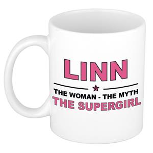 Bellatio Naam cadeau Linn - The woman, The myth the supergirl koffie mok / beker 300 ml - naam/namen mokken - Cadeau voor o.a verjaardag/ moederdag/ pensioen/ geslaagd/ bedankt