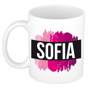 Bellatio Sofia naam cadeau mok / beker met roze verfstrepen - Cadeau collega/ moederdag/ verjaardag of als persoonlijke mok werknemers