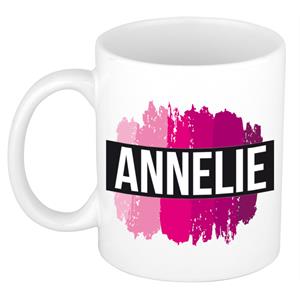 Bellatio Annelie naam cadeau mok / beker met roze verfstrepen - Cadeau collega/ moederdag/ verjaardag of als persoonlijke mok werknemers