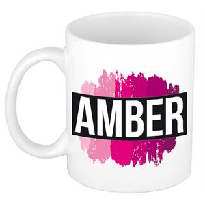 Bellatio Amber naam cadeau mok / beker met roze verfstrepen - Cadeau collega/ moederdag/ verjaardag of als persoonlijke mok werknemers