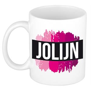 Bellatio Jolijn naam cadeau mok / beker met roze verfstrepen - Cadeau collega/ moederdag/ verjaardag of als persoonlijke mok werknemers