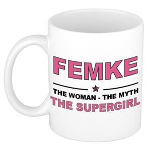 Bellatio Naam cadeau Femke - The woman, The myth the supergirl koffie mok / beker 300 ml - naam/namen mokken - Cadeau voor o.a verjaardag/ moederdag/ pensioen/ geslaagd/ bedankt