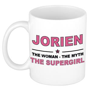 Bellatio Naam cadeau Jorien - The woman, The myth the supergirl koffie mok / beker 300 ml - naam/namen mokken - Cadeau voor o.a verjaardag/ moederdag/ pensioen/ geslaagd/ bedankt