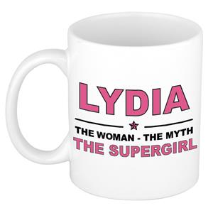 Bellatio Naam cadeau Lydia - The woman, The myth the supergirl koffie mok / beker 300 ml - naam/namen mokken - Cadeau voor o.a verjaardag/ moederdag/ pensioen/ geslaagd/ bedankt