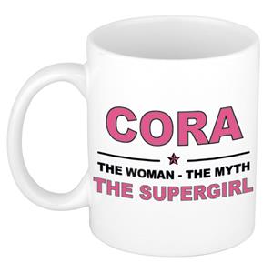 Bellatio Naam cadeau Cora - The woman, The myth the supergirl koffie mok / beker 300 ml - naam/namen mokken - Cadeau voor o.a verjaardag/ moederdag/ pensioen/ geslaagd/ bedankt