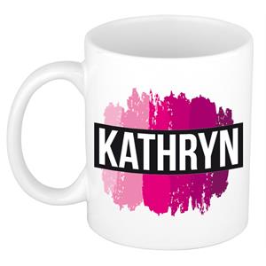 Bellatio Kathryn naam cadeau mok / beker met roze verfstrepen - Cadeau collega/ moederdag/ verjaardag of als persoonlijke mok werknemers